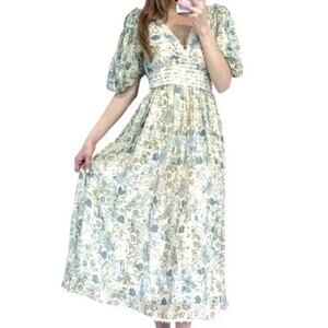 Rococo Sand Cream and Light Blue Floral Maxi Dress with Puff Sleeves